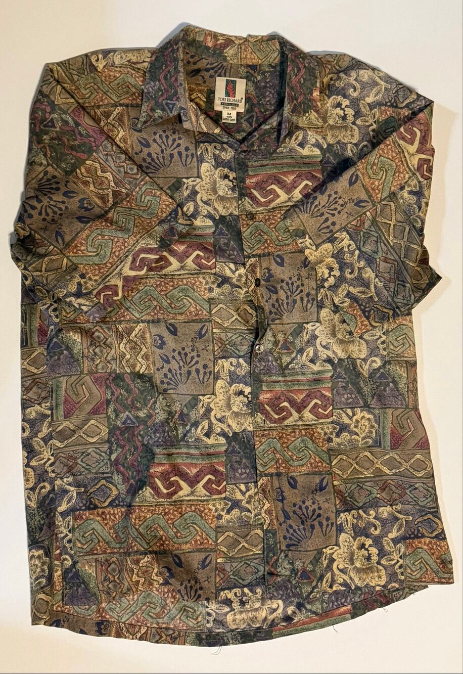 Tori Richard Honolulu Aloha Shirt Men's M Earth Tone Patchwork Print